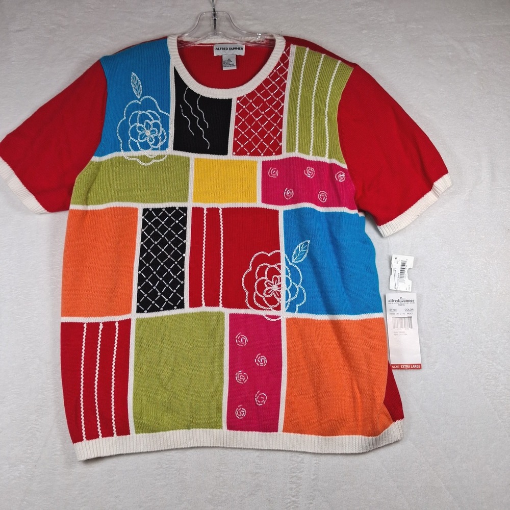 Alfred Dunner Womens XL Red Patchwork Beaded Embroidered Knit Sweater Top NWT